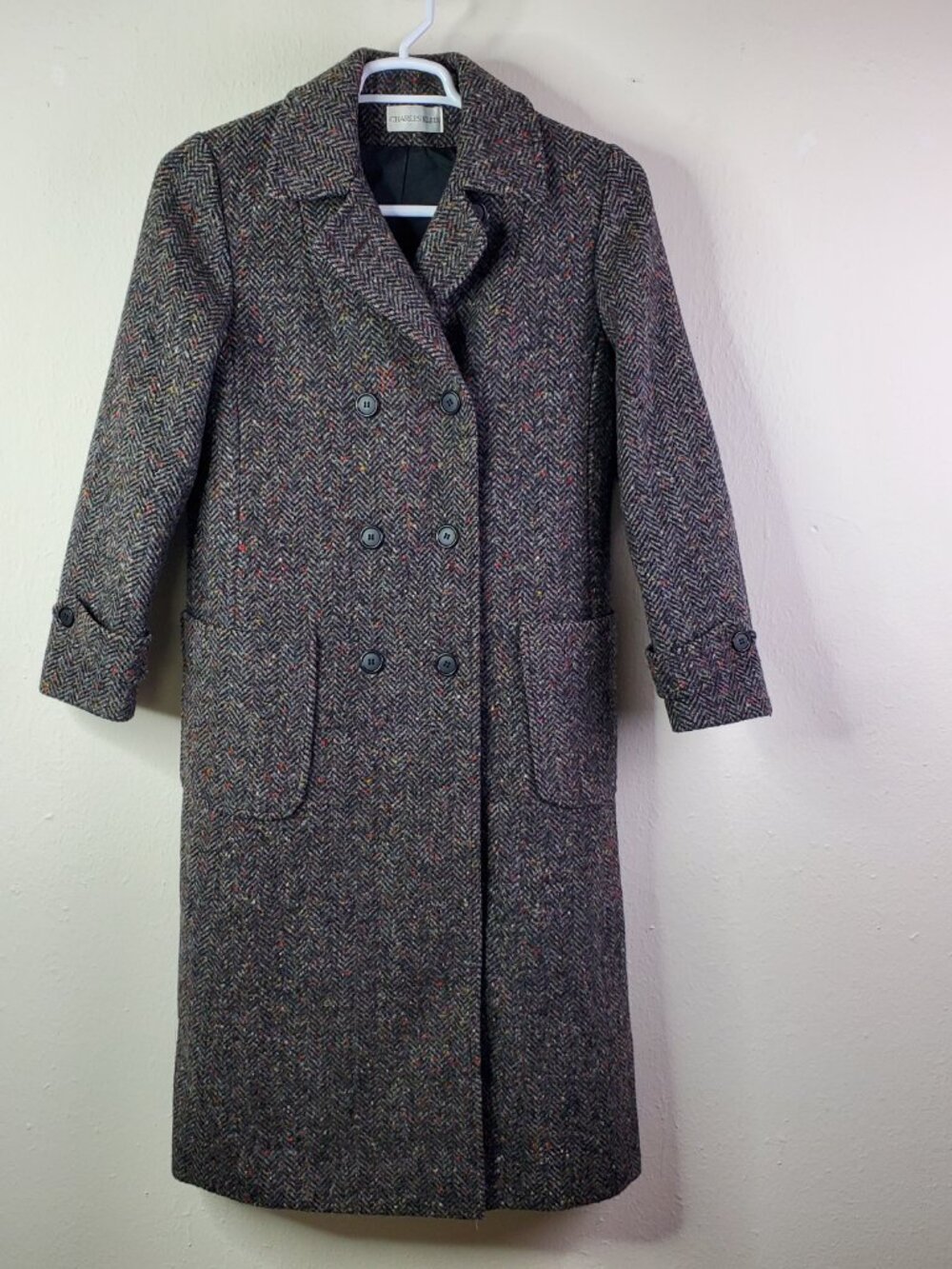 ILGWU Union Made Women's Gray Herringbone Tweed Double Breasted Wool Blend Coat
